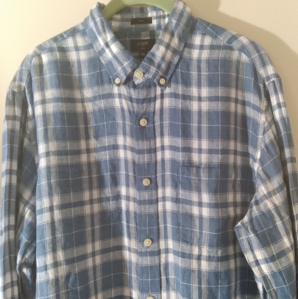 J. Crew Linen Mens Button Down Shirt Blue Plaid‎ Preppy Nautical Summer Large